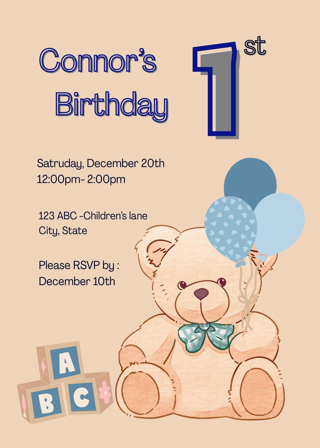 Teddy Bear 1st Birthday Invitation – Blue Balloons, Neutral Boho ...