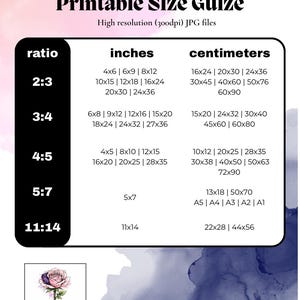 May include: Printable size guide with inch and centimeter measurements for various print ratios. Includes sizes like 4x6 inches (10x15 cm) to 24x36 inches (60x90 cm). High-resolution JPG files are specified. A watercolor rose logo is in the bottom left corner.