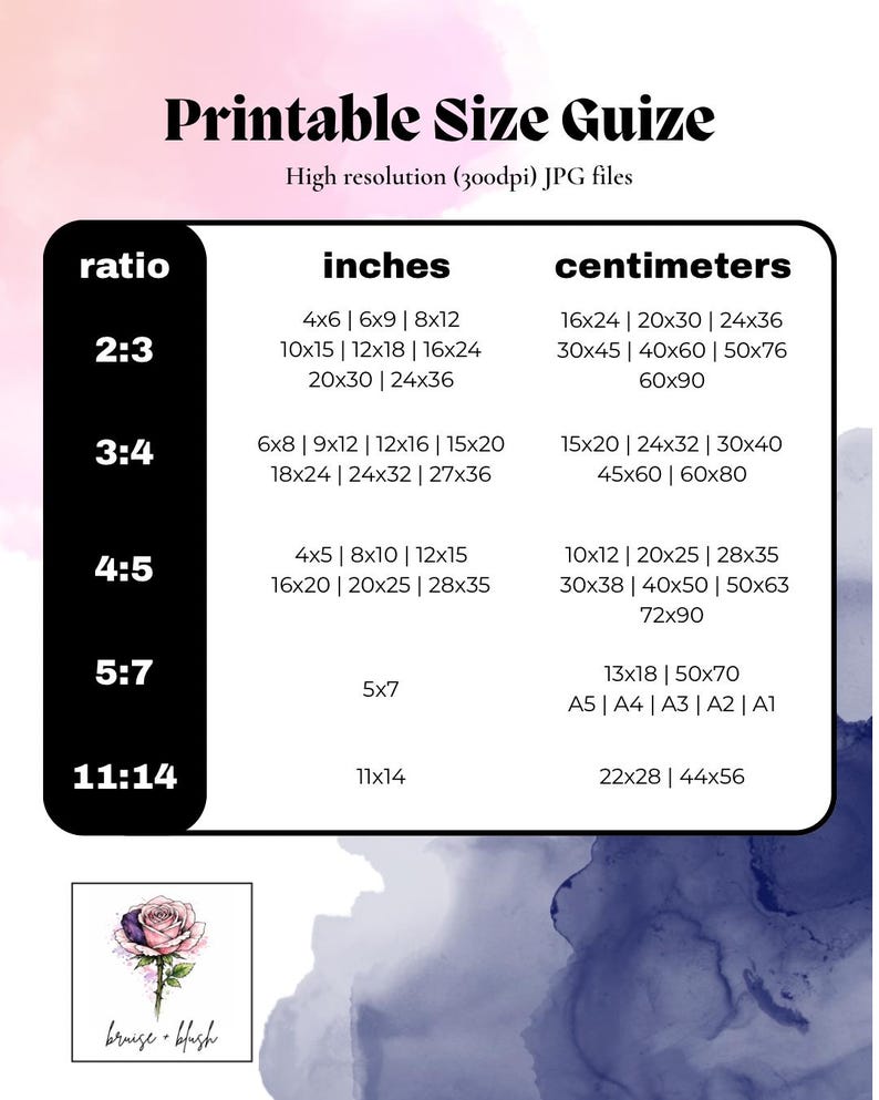 May include: Printable size guide with inch and centimeter measurements for various print ratios. Includes sizes like 4x6 inches (10x15 cm) to 24x36 inches (60x90 cm). High-resolution JPG files are specified. A watercolor rose logo is in the bottom left corner.