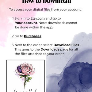 May include: A digital download guide titled "How to Download" with instructions for accessing files on Etsy. The guide includes a watercolor illustration of a rose with the text "bruise + blush". The background features pink and blue watercolor washes.