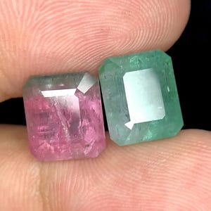 Può includere: Vengono presentate due gemme sfaccettate, una rosa e una verde. La gemma rosa ha una forma rettangolare con una leggera sfumatura di colore. La gemma verde è anch'essa rettangolare e ha una tonalità più chiara. Entrambe sono tenute su uno sfondo neutro.