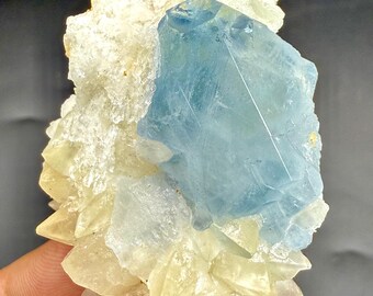 天然ブルーセレスタイン結晶（方解石入り）75カラット｜原石標本