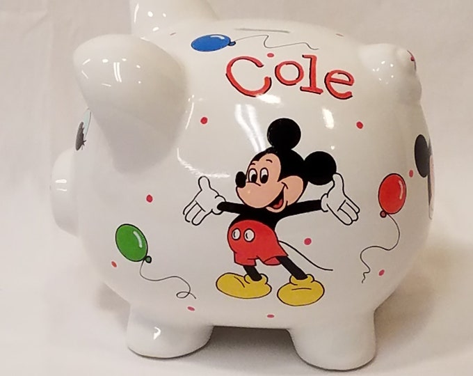 Personalized Piggy Bank With Mickey Mouse and Balloons Etsy