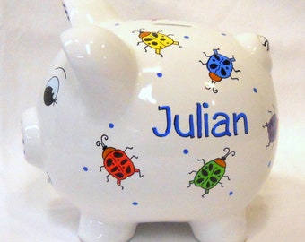 Personalized Piggy Bank Big Beetle Bugs and Spider