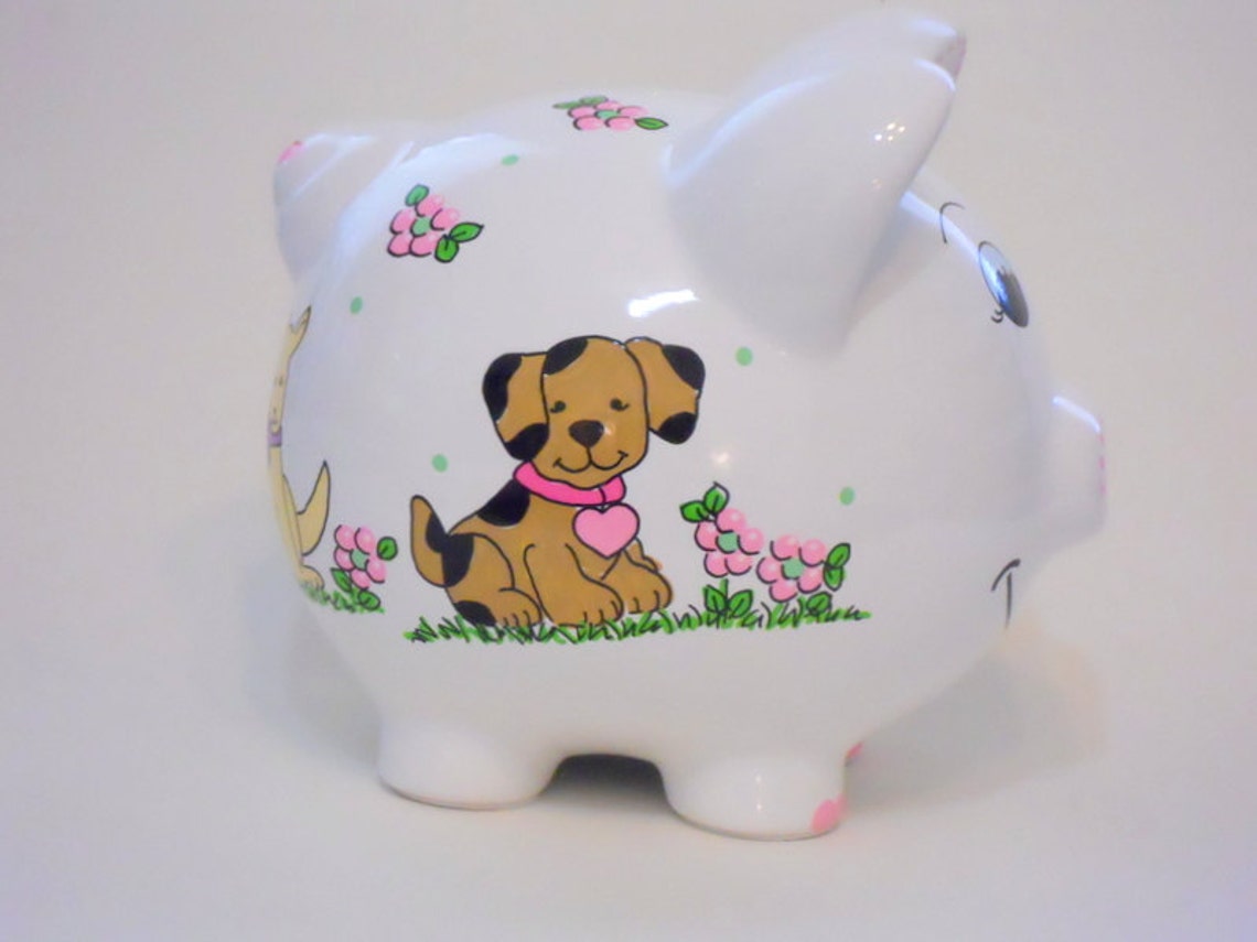 Personalized Piggy Bank Dogs and Puppies With Pink Flowers Etsy