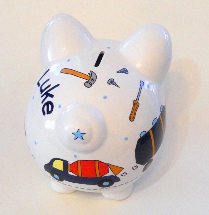 Personalized Piggy Bank Construction Trucks and Tools in Navy Etsy