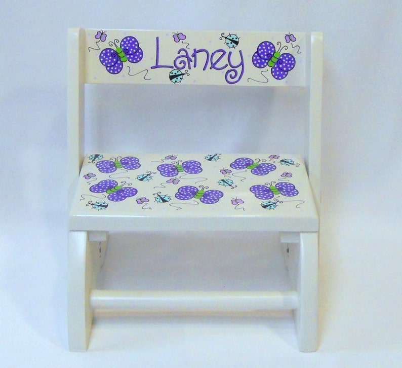 Large Personalized Two Step Stool with Purple Butterflies and Red Ladybugs
