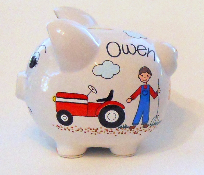Piggy Bank with Farmer Tractor and Hay Wagon Personalized Etsy