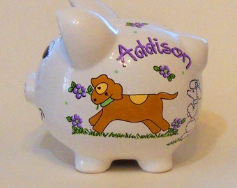 Personalized Piggy Bank Dogs and Puppies with Lavender Flowers
