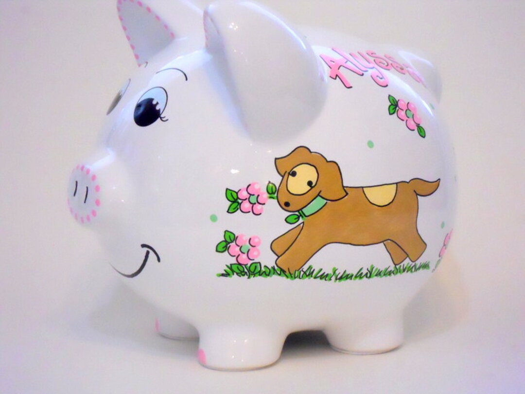 Personalized Piggy Bank Dogs and Puppies With Pink Flowers Etsy