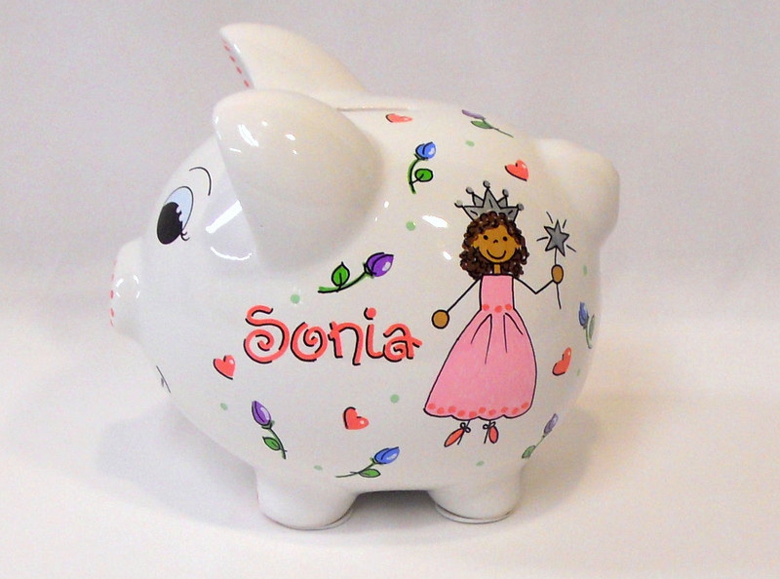 Piggy Bank Personalized Princess With Rosebuds and Hearts Etsy