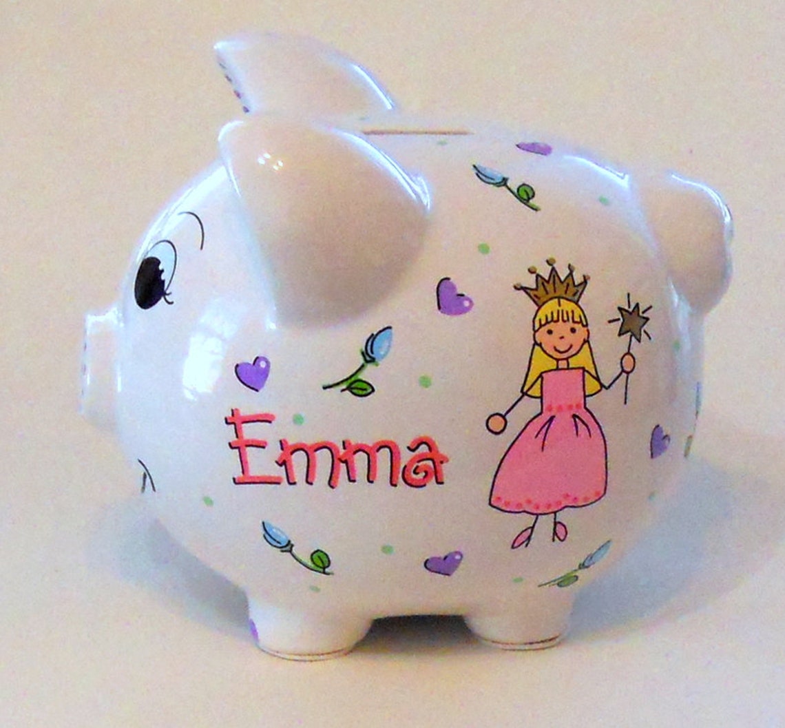 Piggy Bank Personalized Princess With Rosebuds and Hearts Etsy