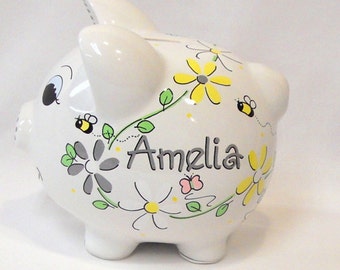 Daisy Flowers in Yellow and Gray with Bees and Butterflies Personalized Piggy Bank