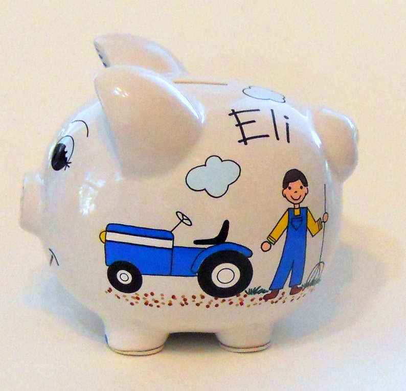 Piggy Bank With Farmer Tractor and Hay Wagon Personalized Etsy
