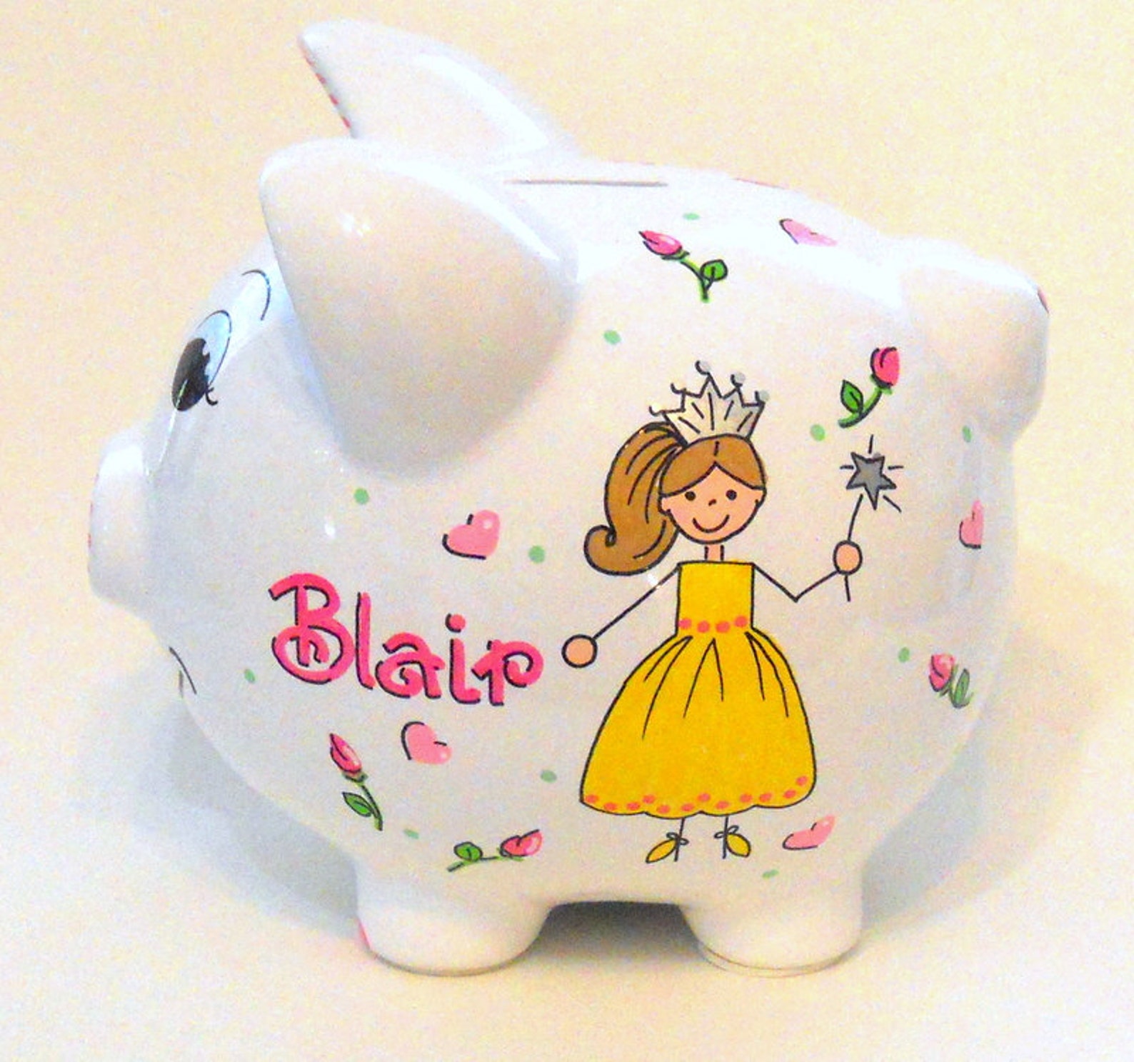 Piggy Bank Personalized Princess With Rosebuds and Hearts Etsy
