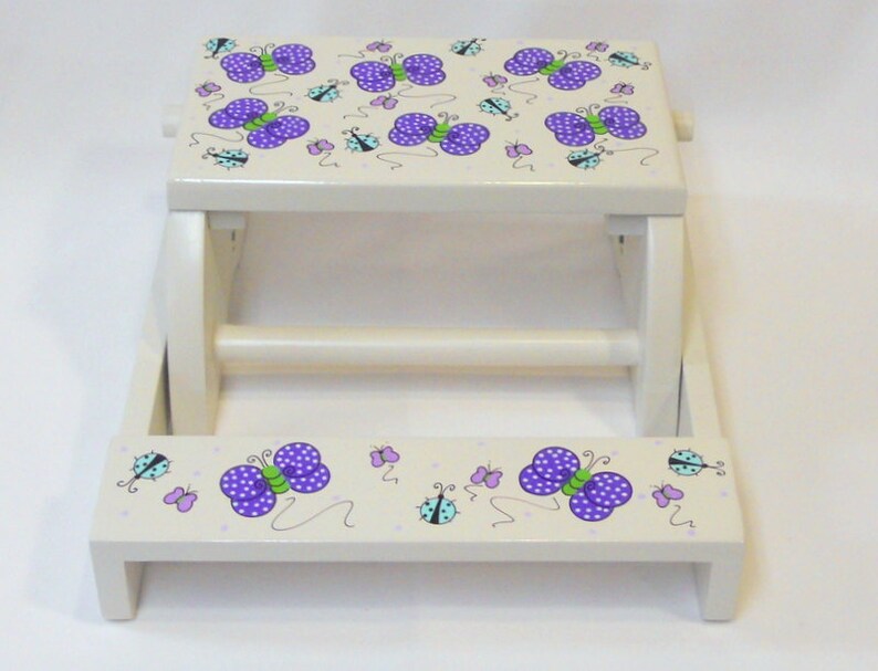 Large Personalized Two Step Stool with Purple Butterflies and Red Ladybugs