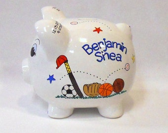 Personalized Piggy Bank Sports Baseball Football Soccer Golf Basketball Tennis Hockey