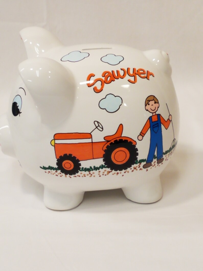 Piggy Bank With Farmer Tractor and Hay Wagon Personalized Etsy