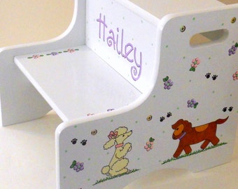Large Personalized Two Step Stool for Children Doggies Design