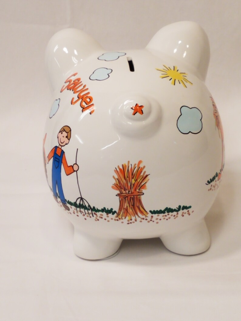 Piggy Bank With Farmer Tractor and Hay Wagon Personalized Etsy