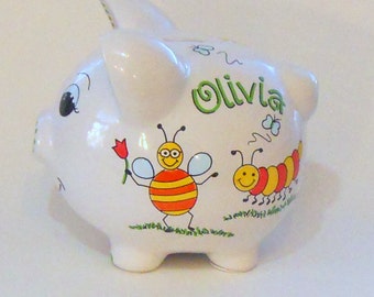 Piggy Bank Personalized with Chubby Bugs in Red, Yellow, Orange, Blue and Green