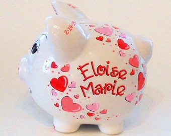 Red and Pink Hearts Personalized Piggy Bank