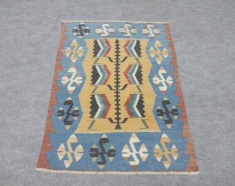 Vintage Skinny Kilim Handwoven Wool Entryway Blue Anatolian Hanging Boho Decor Rugs, 3x4,