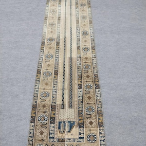 Tapete turco vintage para corredor, 60 x 270 cm. Tapete de lã feito à mão, em tons pastel de azul, estilo Anatólia.