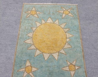 Vintage Turkish Oushak Small Rug. Handwoven Wool Pastel Green Entryway Boho Decor 2x3 Ft.