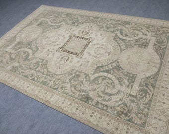 Vintage Heriz Wool Rug, Pastel Green Boho Rustic Decor (6.7 x 9.8 ft)