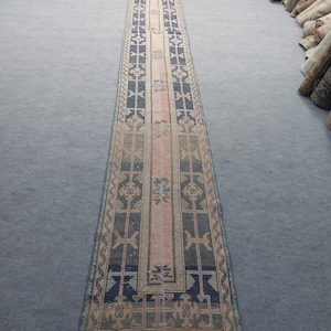 Vintage Turkish Runner Rug. Handmade Wool Pink Blue Hallway Boho Decor Carpet 2x20 Ft,