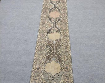 2x13 Ft. Vintage Turkish Runner Rug. Hand-knotted Wool Hallway Soft Faded Boho Decors,