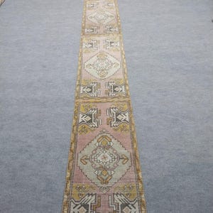 Vintage Turkish 2x14 Ft. Runner Rug. Hand-knotted Wool Hallway Soft Muted Stair Long Tribal Boho Carpet,