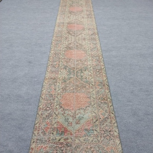 Turecki, zabytkowy, długi, schodowy dywanik. Ręcznie wiązany, wełniany, do przedpokoju, miękki, stonowany, cienki, 2x12.