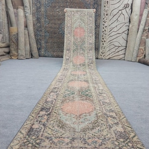 Vintage Turkish Runner Rug. Hand-knotted Wool Hallway Muted Color Neutral Home Decor 2x12