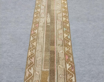 Vintage Natural Wool Small Runner Rug. 2x7 Ft. Entryway Green Oushak Anatolian Art Rugs,