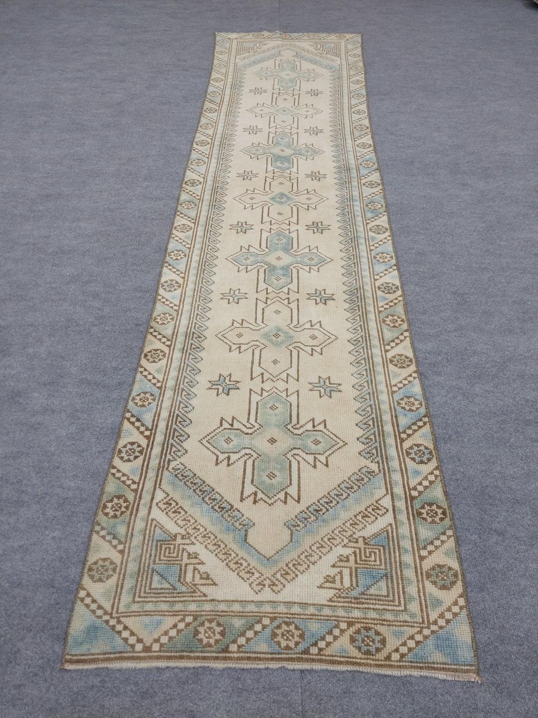 Vintage Turkish Rug. Handmade Wool Area Blue Beige Neutral Style