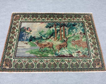 Antique 3x5 Rug, Vintage Deer Rug, Forest Landscape Rug, Woodland Area Rug, Nature Cottage Rug, Rustic Cabin Decor,