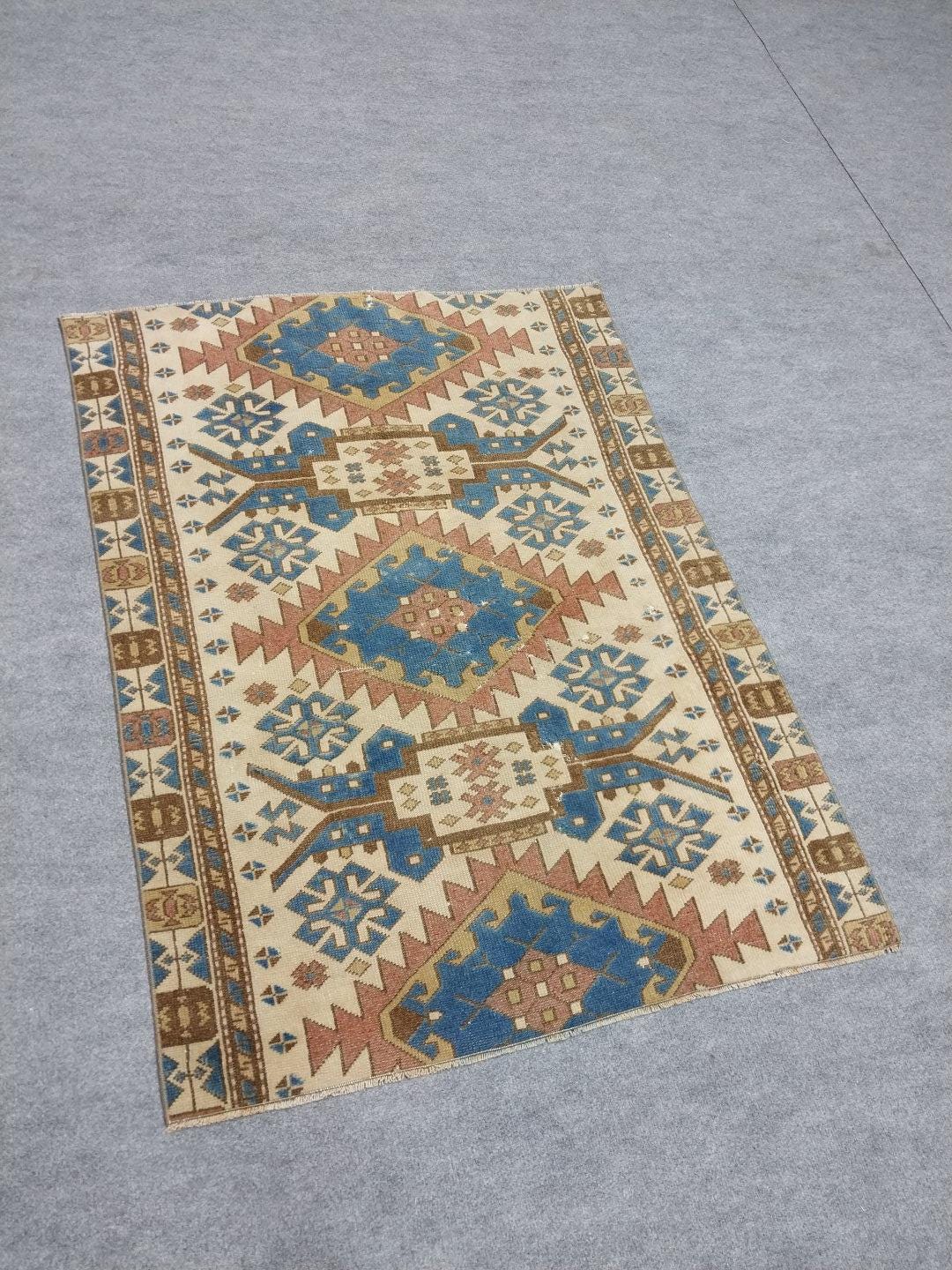 Vintage Turkish Wool Rug 3x4 Ft - Distressed Boho Accent Rug - Etsy