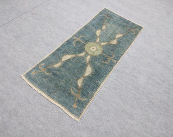 2x4 Ft"Vintage Turkish Runner Rug, Teal Blue  Handmade Wool  Entryway Boho Rugs,