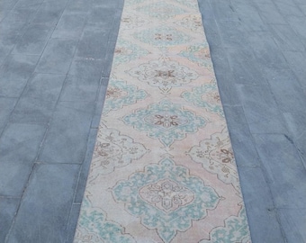 Turkish Vintage Stair Runner Rug. Hand-knotted Wool Hallway Soft Faded Green Carpet 3x23.
