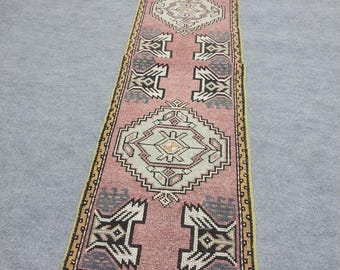 Handwoven Wool Runner Rug: Floral Turkish Vintage Entryway Carpet 2x6 Ft,