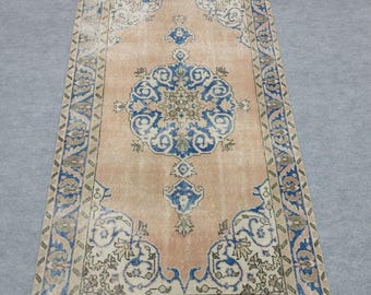 Vintage Oushak Rug: Handwoven Wool, Blue Beige Tribal Anatolian Boho Decor Rug 3.6x6.6 Ft