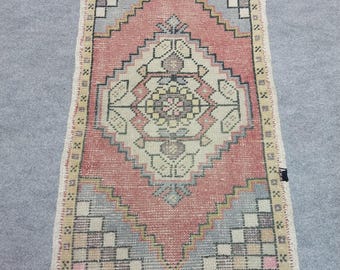 2x3 Vintage Turkish Small Rug. Wool Blue Pink Entryway Mat Boho Decor Rugs,