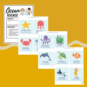 May include: Educational ocean movement cards with illustrations of sea creatures and actions like "stretch," "wiggle," and "swim." The cards are on a light blue background with a yellow border. The title "Ocean Movement" is at the top.