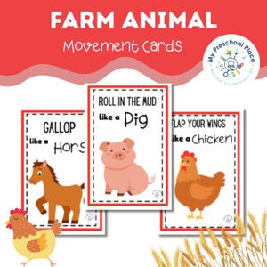 May include: Farm animal movement cards with illustrations of a horse, pig, and chicken. Each card features a different action: gallop, roll in the mud, and flap your wings. The cards are designed for preschool children.