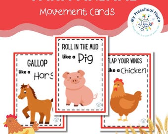 Tarjetas de movimiento de animales de granja, juego de motricidad gruesa para preescolares