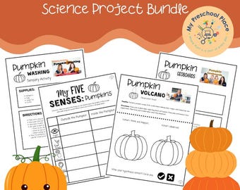 May include: An orange and white science project bundle for October and Halloween. The bundle includes worksheets for pumpkin-themed sensory activities, geoboards, and volcano experiments. A stack of three orange pumpkins is on the right, and a cartoon pumpkin is on the left.