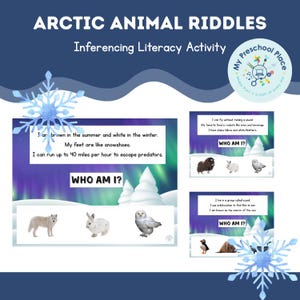 May include: Educational poster titled "Arctic Animal Riddles" with text and illustrations. The poster includes riddles about arctic animals, with images of a wolf, rabbit, and owl. The background is a blue gradient with snowflakes.