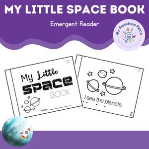 May include: Two open children's books with the title "My Little Space Book" and the text "Emergent Reader." The book pages feature line drawings of planets and stars. A colorful planet with a rocket is in the lower left corner.